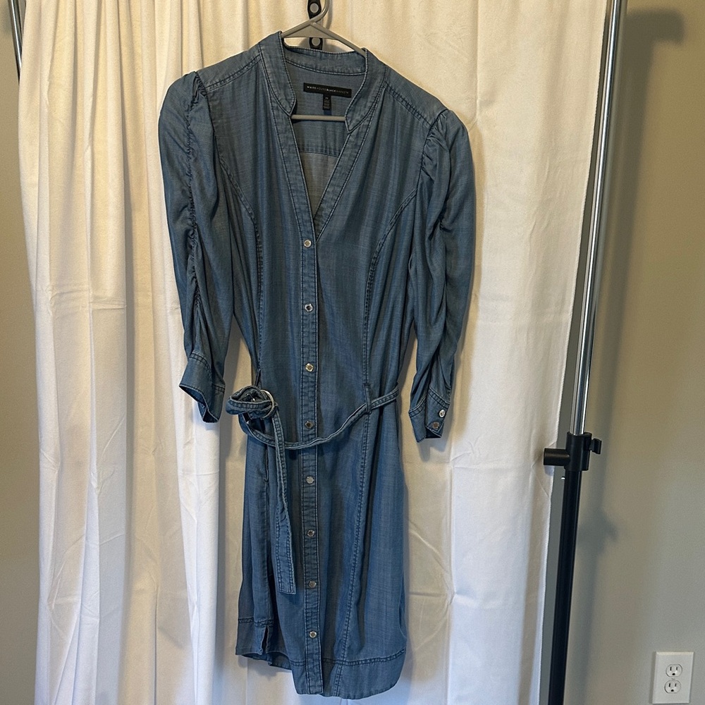 White House Black Market Blue Denim Shirt Midi Dress with Belt
